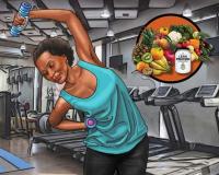 Senior African American woman exercises with weights at her gym. Inset image of fruits and vegetables and protein powder.